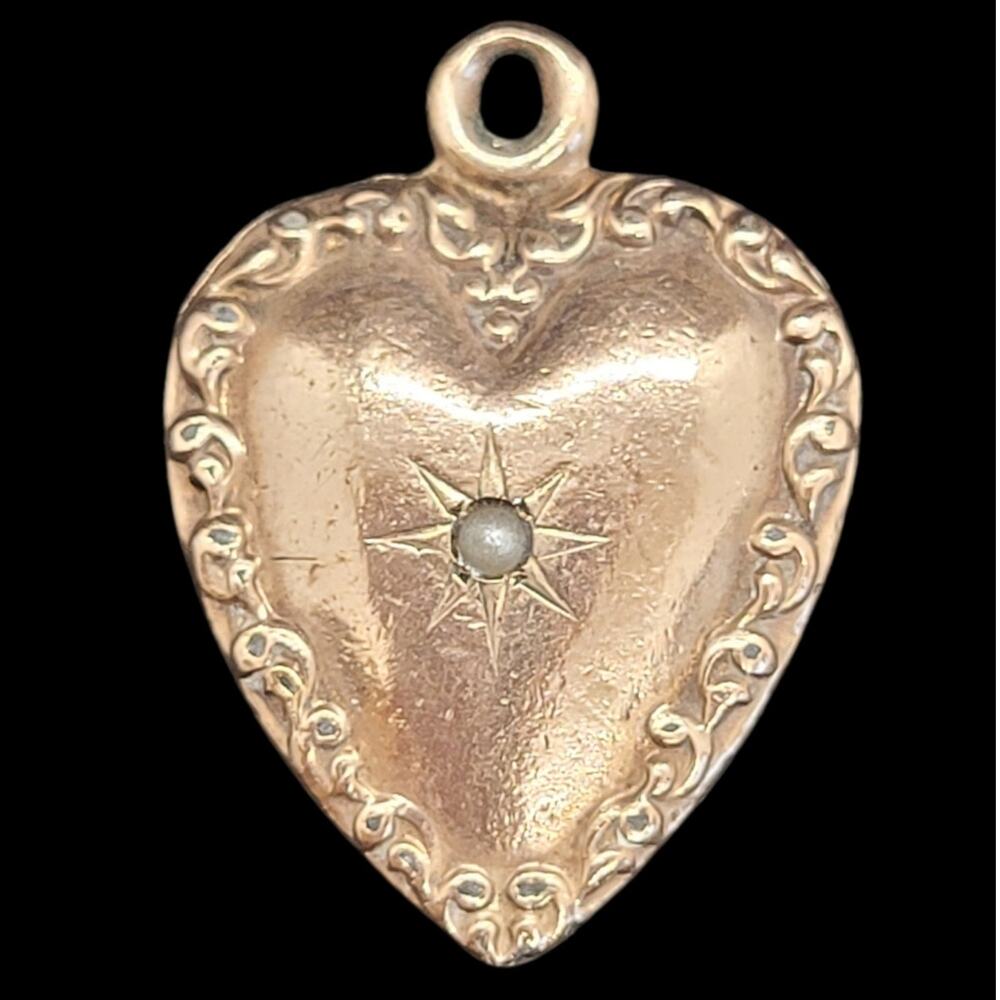 Romantic Antique Heart Charm Rose Gold Filled Faux‎ Pearl Monogram Coquette